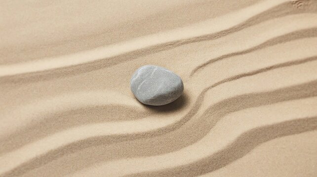 Single smooth grey pebble stone on raked sand background representing zen meditation balance and spiritual wellness