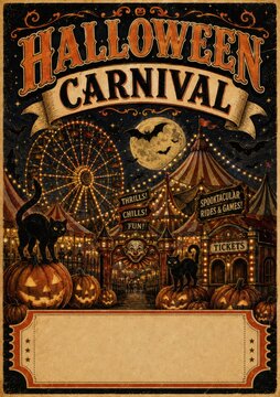 Vintage Halloween carnival poster with spooky circus and full moon background