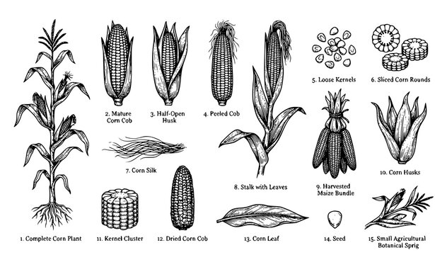 Vintage Corn and Maize Engraving Vector Set with Hand Drawn Cobs Husks Kernels and Botanical Elements
