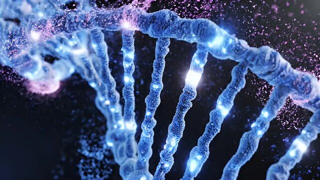 Abstract 3D rendering of a luminous blue DNA double helix with glowing particles against a dark background, symbolizing genetics, science, and biology.