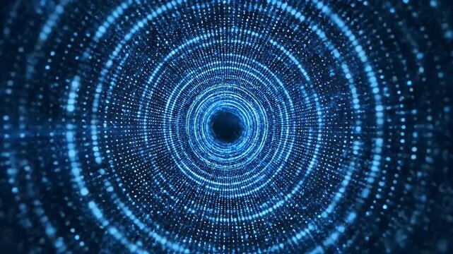 Abstract blue particle vortex tunnel with glowing circular patterns, looping digital motion background