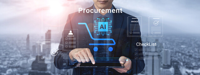 Obraz premium A business professional interacts with a digital tablet focusing on procurement and AI technology, showcasing modern commerce efficiency against an urban skyline backdrop. Cyphers