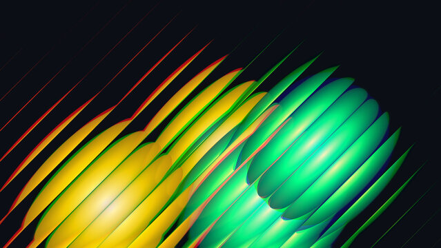 Futuristic reeded glass surface abstract background with glowing yellow and green spheres, 3d render of molecular structure or futuristic digital art pattern 3d render for grapics design