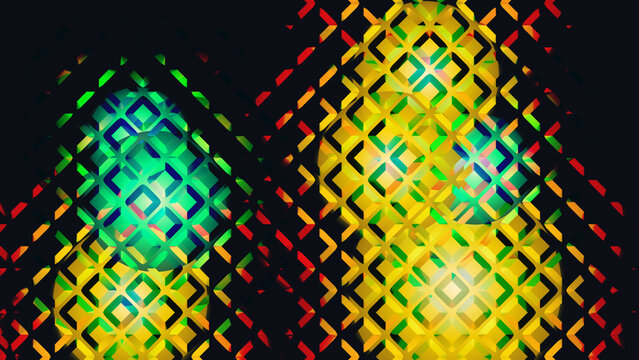 Futuristic reeded glass surface abstract background with glowing yellow and green spheres, 3d render of molecular structure or futuristic digital art pattern 3d render for graphics project