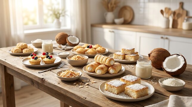 Fresh coconut cakes and desserts served on a wooden table in a bright modern kitchen. Coconut pastry ideas
