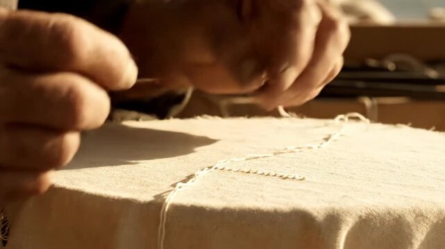 Close-up of aged hands carefully sewing with a needle and white thread on a light fabric displaying craftsmanship and traditional skills of needlework and repair