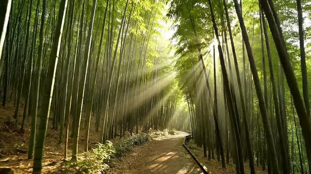 A serene path winding through a dense bamboo forest illuminated by golden sun rays filtering through the tall green stalks