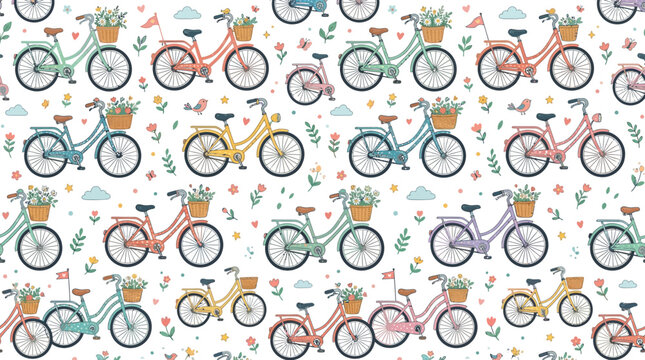 Cute Bicycle Pattern with Flowers