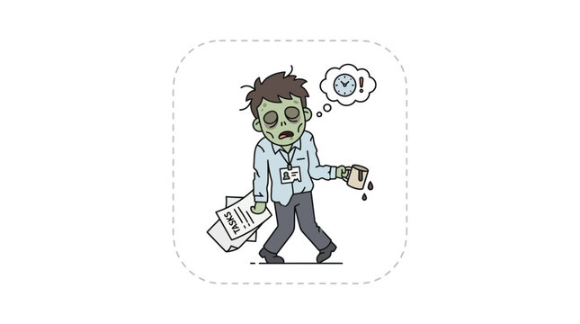 Tired office worker zombie holding coffee and papers