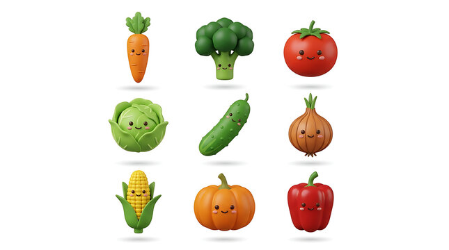 A collection of nine cute, cartoon-style vegetables arranged in a 3x3 grid on a white background.