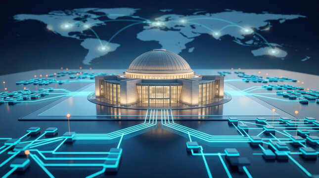 Digital government concept featuring classical capitol building on technology circuit board with global network