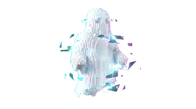 Pixelated digital glitch ghost figure in white