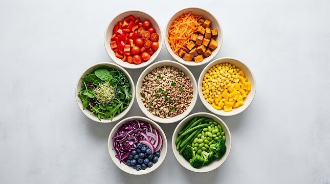 Seven small ceramic bowls filled with colorful fresh vegetables and healthy ingredients top view. rainbow meal presentation