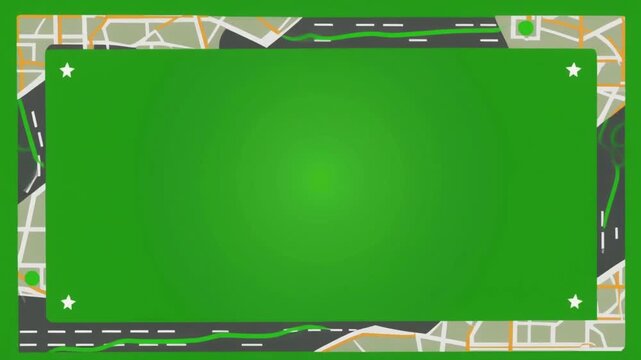 Green screen chroma key frame with road map design, zoom in effect on green background, map route graphic border with copy space
