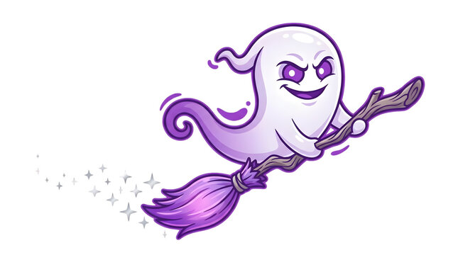 Playful cartoon ghost riding purple magic broomstick.