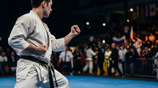 Male black belt karateka in fighting stance during an indoor martial arts tournament.