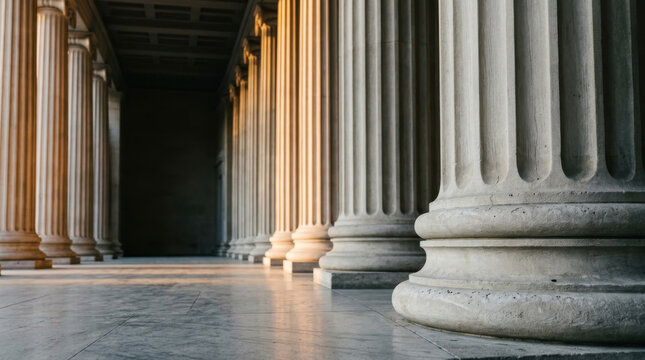 Heavy marble colonnade representing unshakeable institutional trust and historical legal foundation