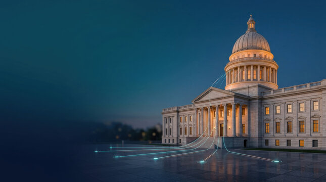 Electronic government data flow concept showing classical domed building emitting glowing digital fiber optic lines