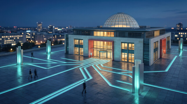 Digital transformation of corporate headquarters featuring modern glass building with glowing network data streams