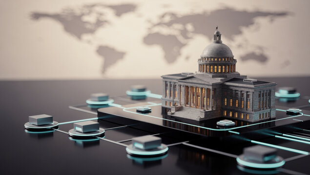 Global tech policy and digital governance concept showcasing capitol building model on futuristic network node platform