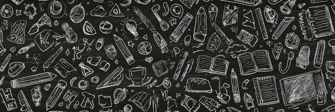 Doodle sketches in a chalkboard background for episode 10 of the school theme series