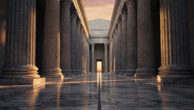 Grand classical colonnade corridor leading towards glowing sunset representing institutional vision and solid foundation