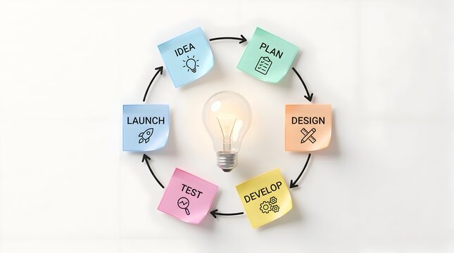 Business Product Development Lifecycle Process Diagram with Lightbulb and Six Steps Sticky Notes