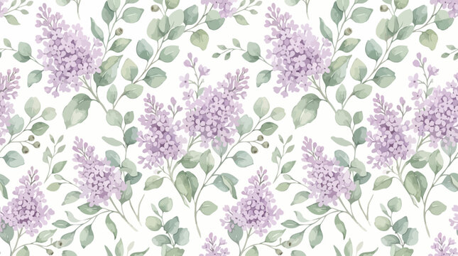 Watercolor Floral Pattern with Purple Lilacs