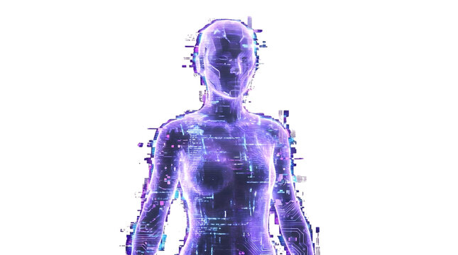 Purple digital glitch hologram of human figure silhouette.