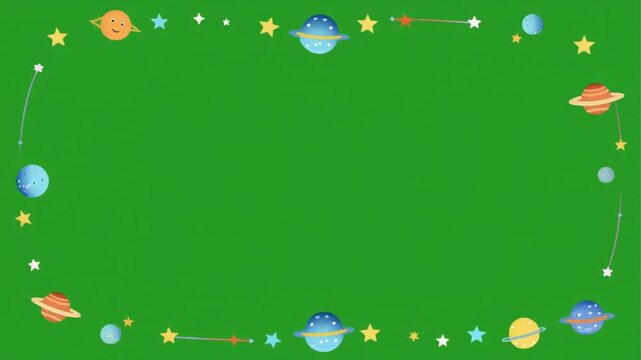 Cartoon space frame with planets and stars on green screen background, cosmic border animation for kids content