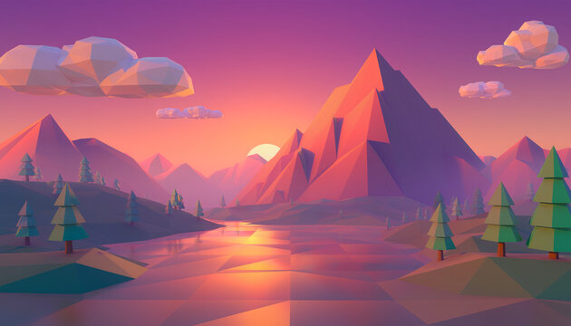 3D Low Poly Mountain Landscape at Sunset with Pine Trees and River Reflection, Vibrant Polygon Nature Background