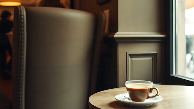 Corner of a quiet cafe, a high-backed armchair and a half-full coffee cup.