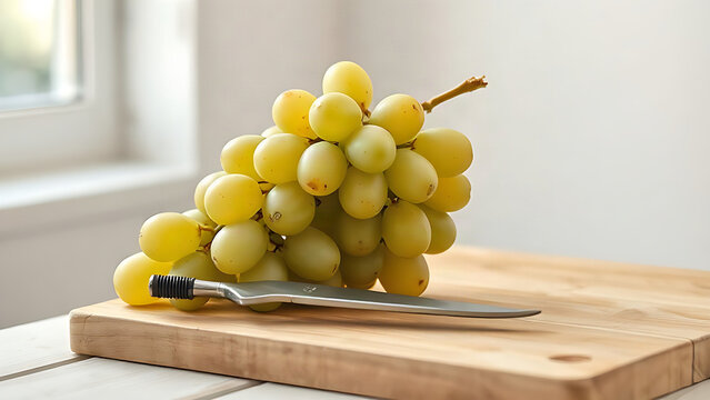 Green and yellow Torrontes grapes with polished garden shears on wood, harvest and viticulture concept