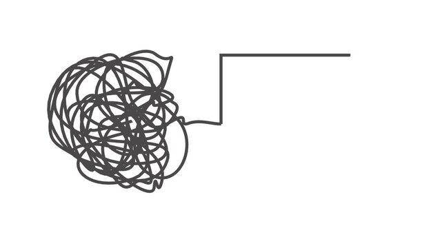 Animation of tangled chaotic lines transforming into perfect geometric shapes. Symbol of problem solving, evolution from complexity to simplicity, mental clarity, and structured thinking process.