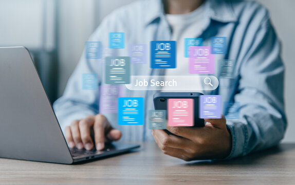 Youngwoman search for employment using  smartphone with job displayed across a digital screen.
