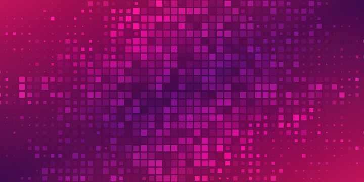 A beautiful background using gradients of dark purple and pink. The pattern of dots and small squares is arranged in an exploding pattern from the center.