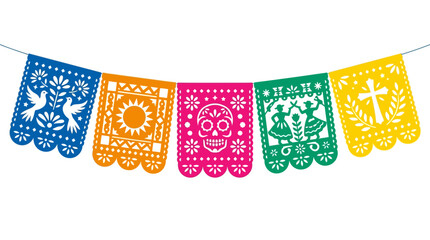 Fototapeta premium Colorful Mexican Papel Picado Bunting Isolated on White