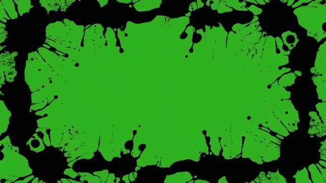 Black ink splatters spreading to form a frame on a green screen, artistic paint drips, grunge border effect