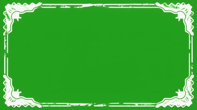 Vintage white decorative frame appearing on chroma key green background, ornate border design on green screen, video transition element