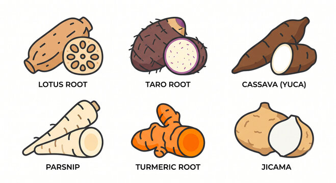 Edible Root Tubers and Starchy Root Vegetables Flat Vector Icon Set
