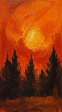 Impressionist Oil Painting of Sunset Forest Silhouettes Generative AI