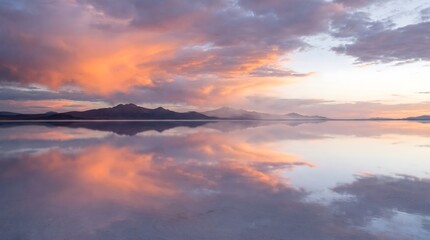 Fototapeta premium Serene sunset over a calm lake with mountain reflections.