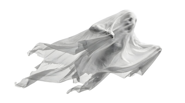 Realistic white sheet ghost flying against black background
