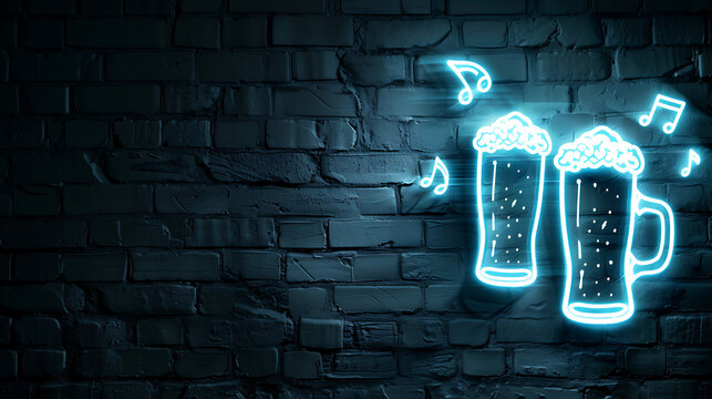 Blue neon beer glasses and music notes on dark brick wall with left copy space for nightlife pub promos and live concert web banners