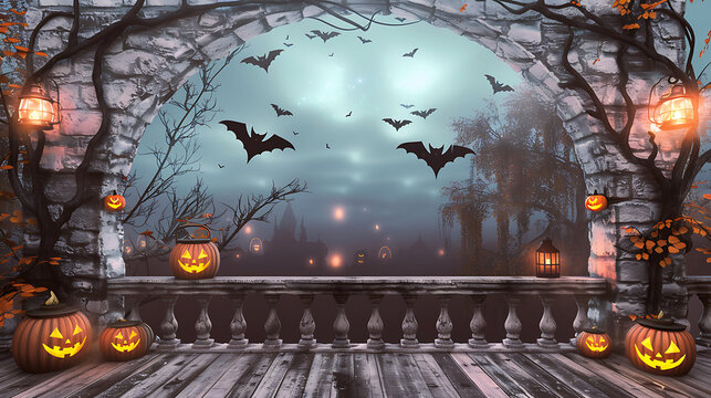 Cinematic spooky Halloween stone balcony with glowing pumpkins and bats offering sky copy space for holiday event posters and web banners