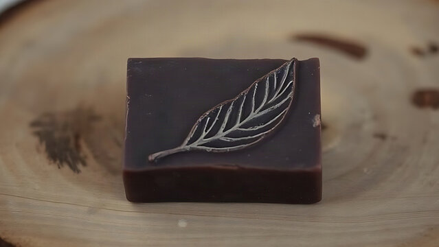 Dark brown soap bar with leaf imprint on a wooden surface.