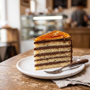 Elegant Hungarian Dobos Torte featuring chocolate buttercream layers and caramel topping, captured with natural lighting and realistic textures.