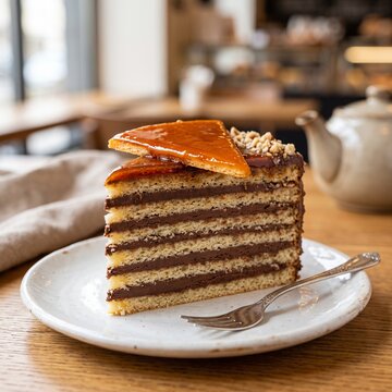 Traditional Hungarian Dobos Torte Chocolate Layer Cake with Caramel