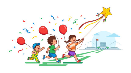 Happy children running with balloons and star kite illustration