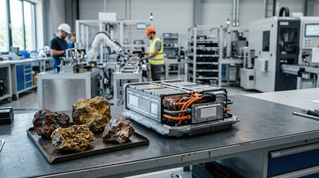 Mineral Samples and Battery Pack in Modern Factory